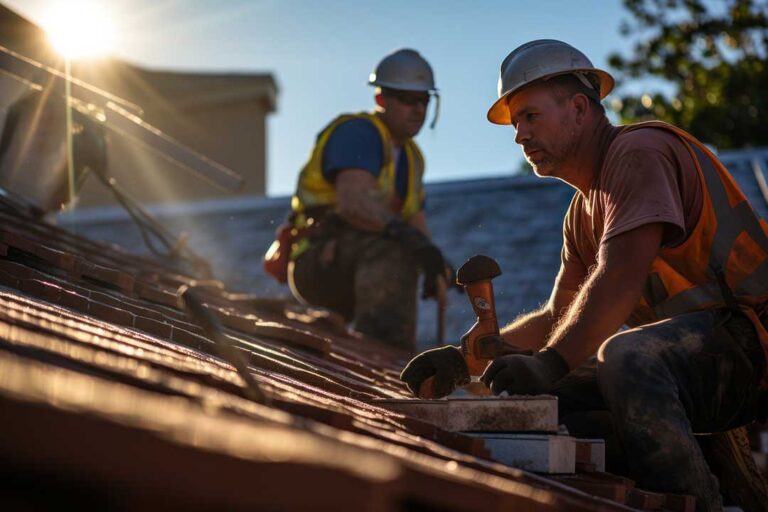Person using a handheld leaf blower to clear leaves and small branches from a residential shingle roof.