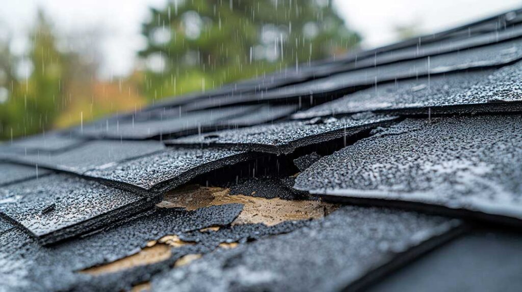 Roof skylight surrounded by shingles and flashing on a home during light winter snowfall.